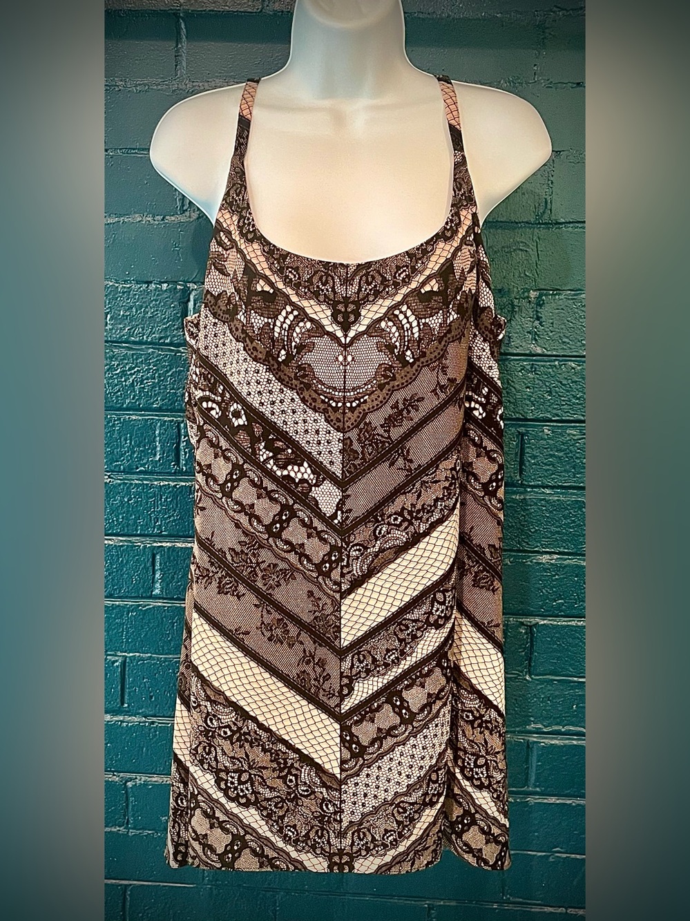 Lace-Pattern Slip Dress in Black and Cream